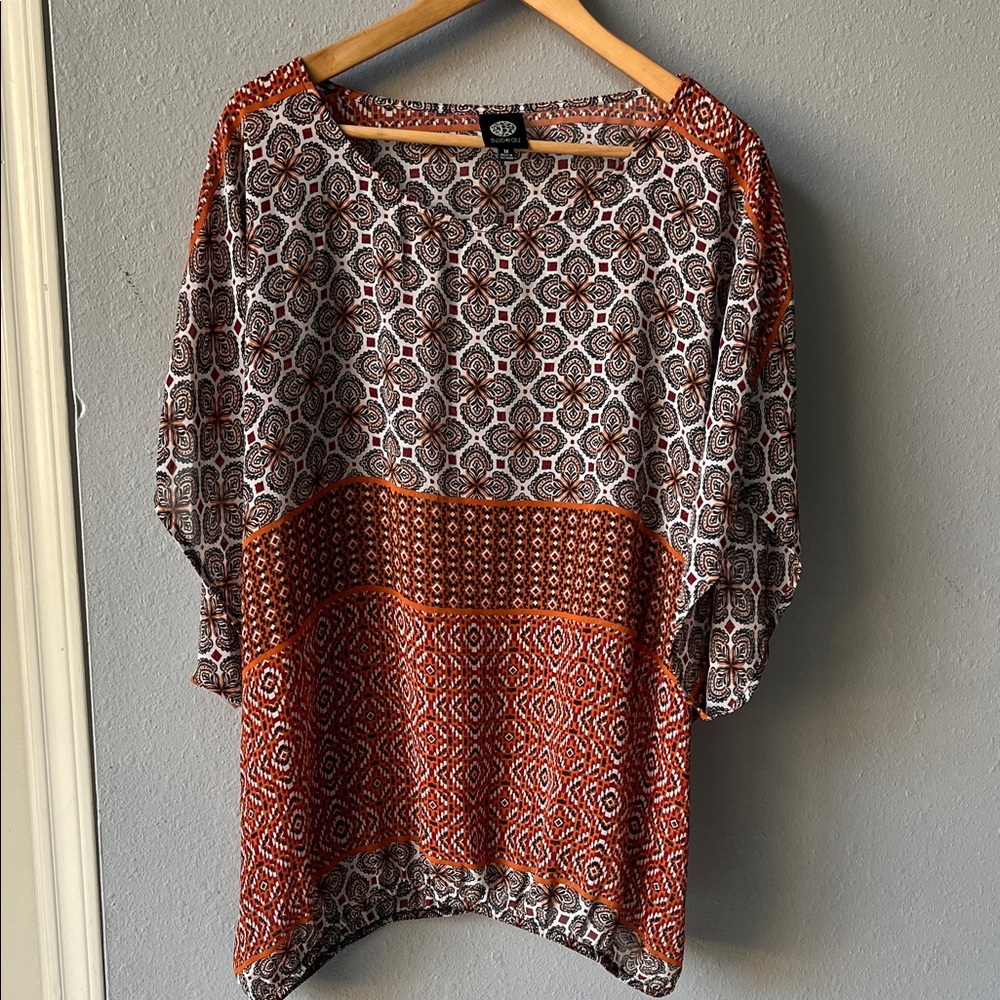 Bobeau Black and Orange Geometric Blouse